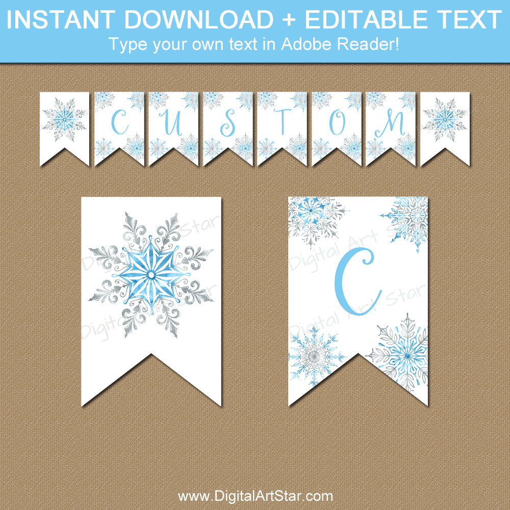 Blue and Silver Snowflake Banner Template Printable Decor