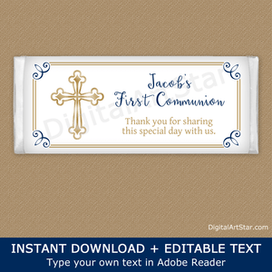 Boy First Communion Candy Wrapper Template White, Navy Blue, Gold