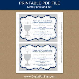 Boy First Holy Communion Invitation Template Download Gray Blue