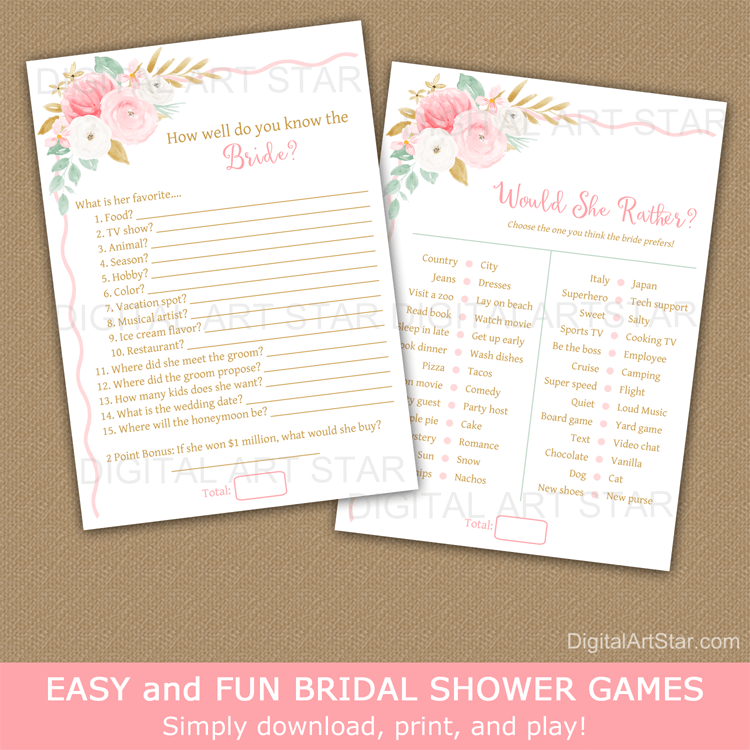 Bridal Shower Game Bundle Floral Themed - Pink Gold and Mint Green