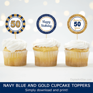 Cheers to 50 Years Birthday Cupcake Toppers for Men Navy Blue and Gold