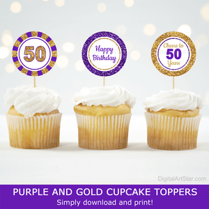 Cheers to 50 Years Happy 50th Birthday Cupcake Toppers Decor in Purple and Gold