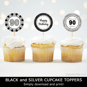 cheers to 90 years cupcake toppers black silver white