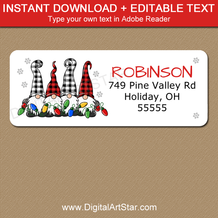 Christmas Gnome Address Labels Red Black and White Gingham