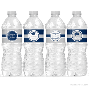 Classy Graduation Water Bottle Labels Party Decorations in Navy Blue and Silver