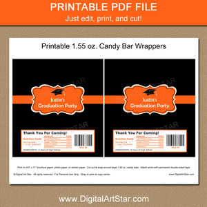 College Graduation Candy Bar Wrapper Template Orange Black Printable PDF Download