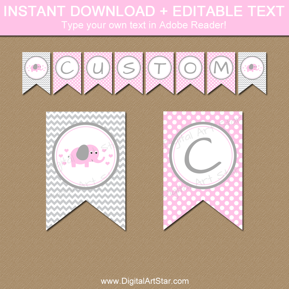 Downloadable Pink Elephant Baby Shower Banner Template