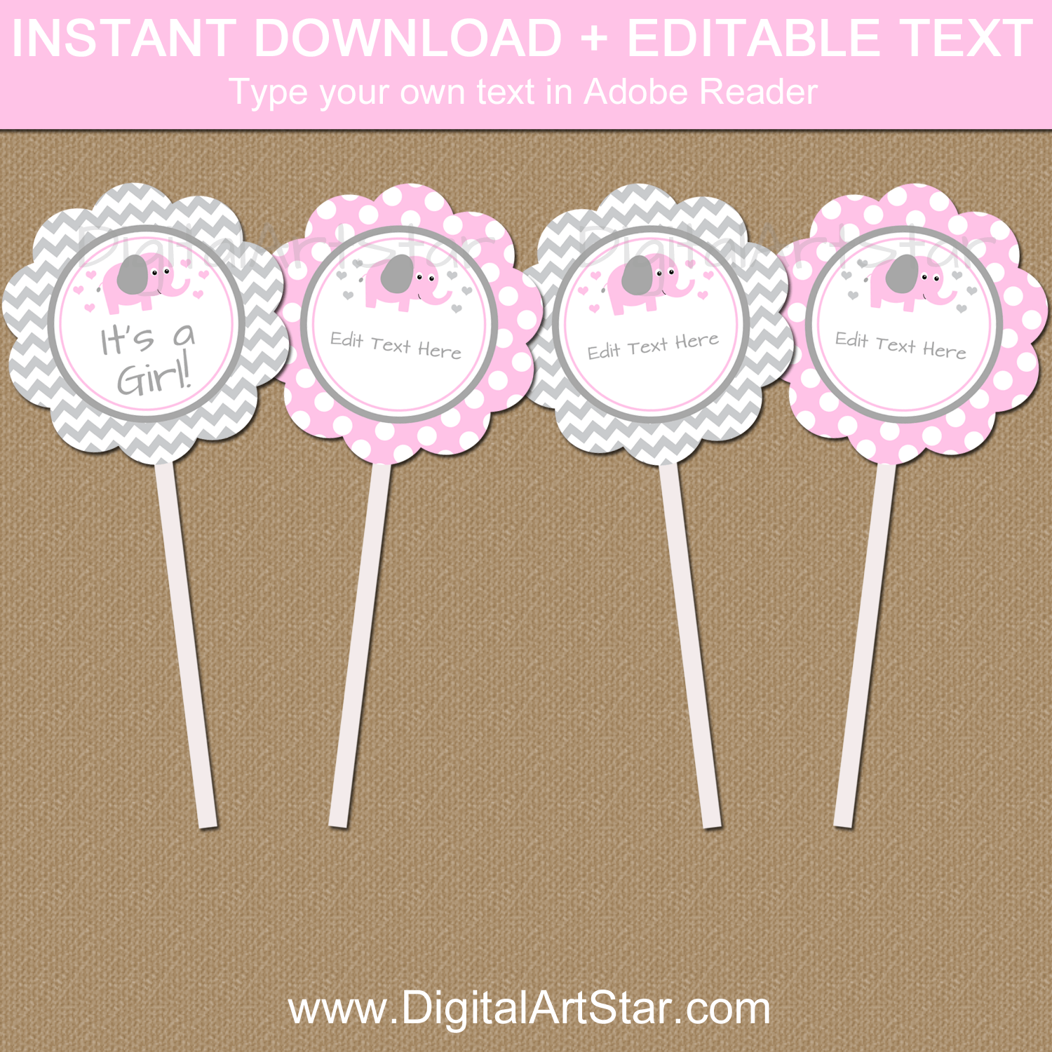 Downloadable Pink and Gray Elephant Baby Shower Cupcake Toppers