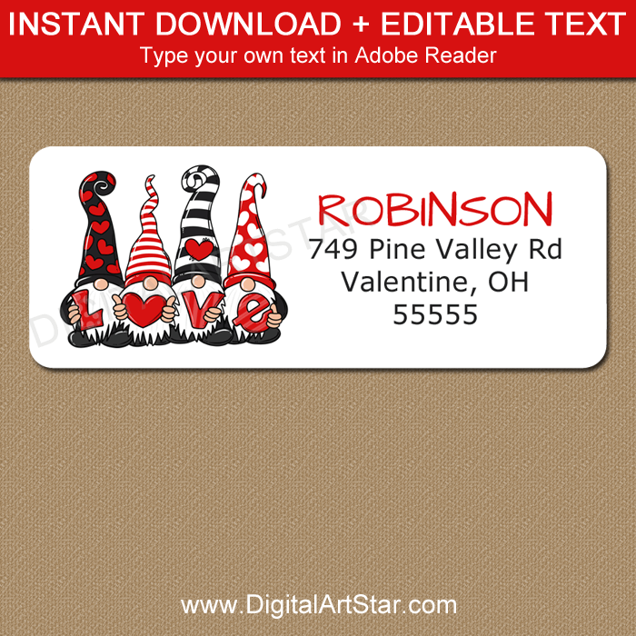 Downloadable Valentines Day Return Address Label Template with Red and Black Gnomes