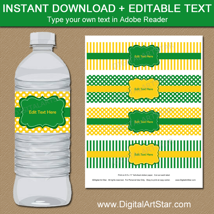 Downloadable Water Bottle Label Template Kelly Green Yellow