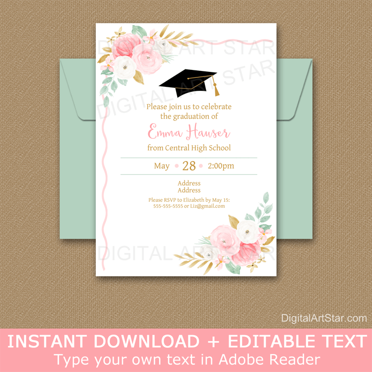 Editable Floral Graduation Invitation Template Pink, Gold, Mint Green