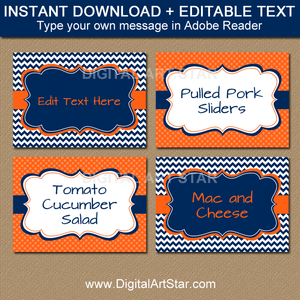 Editable Food Labels and Tent Cards in Navy Blue and Orange