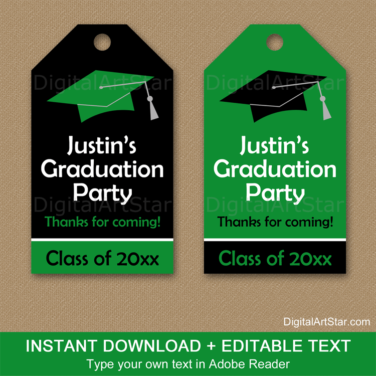 Editable Graduation Party Favor Tags Kelly Green and Black