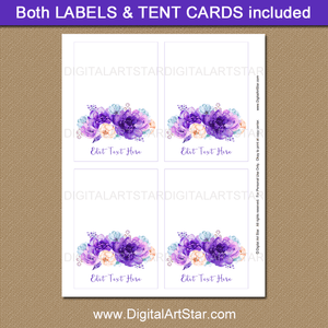 Editable Purple Floral Place Cards Printable for Wedding Baby Shower Birthday Party