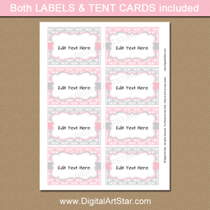 Pink and Gray Baby Shower Food Labels