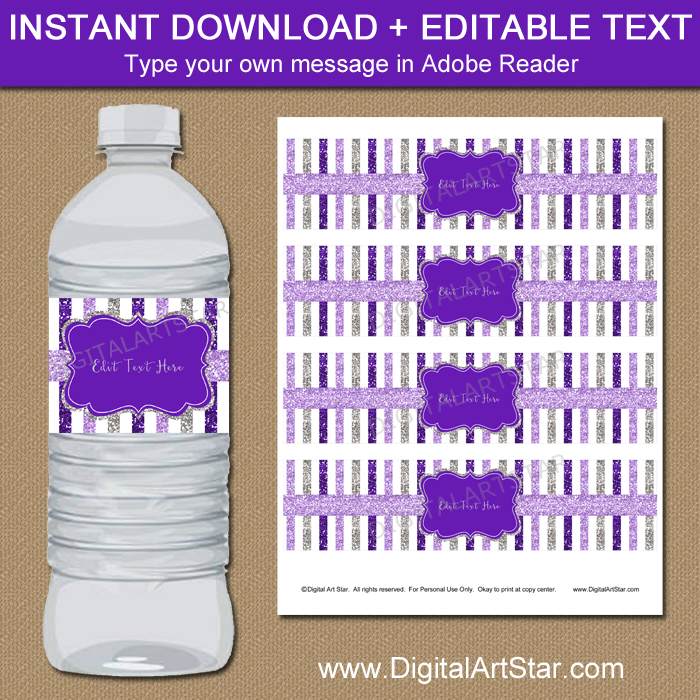 Purple and Silver Glitter Water Bottle Labels
