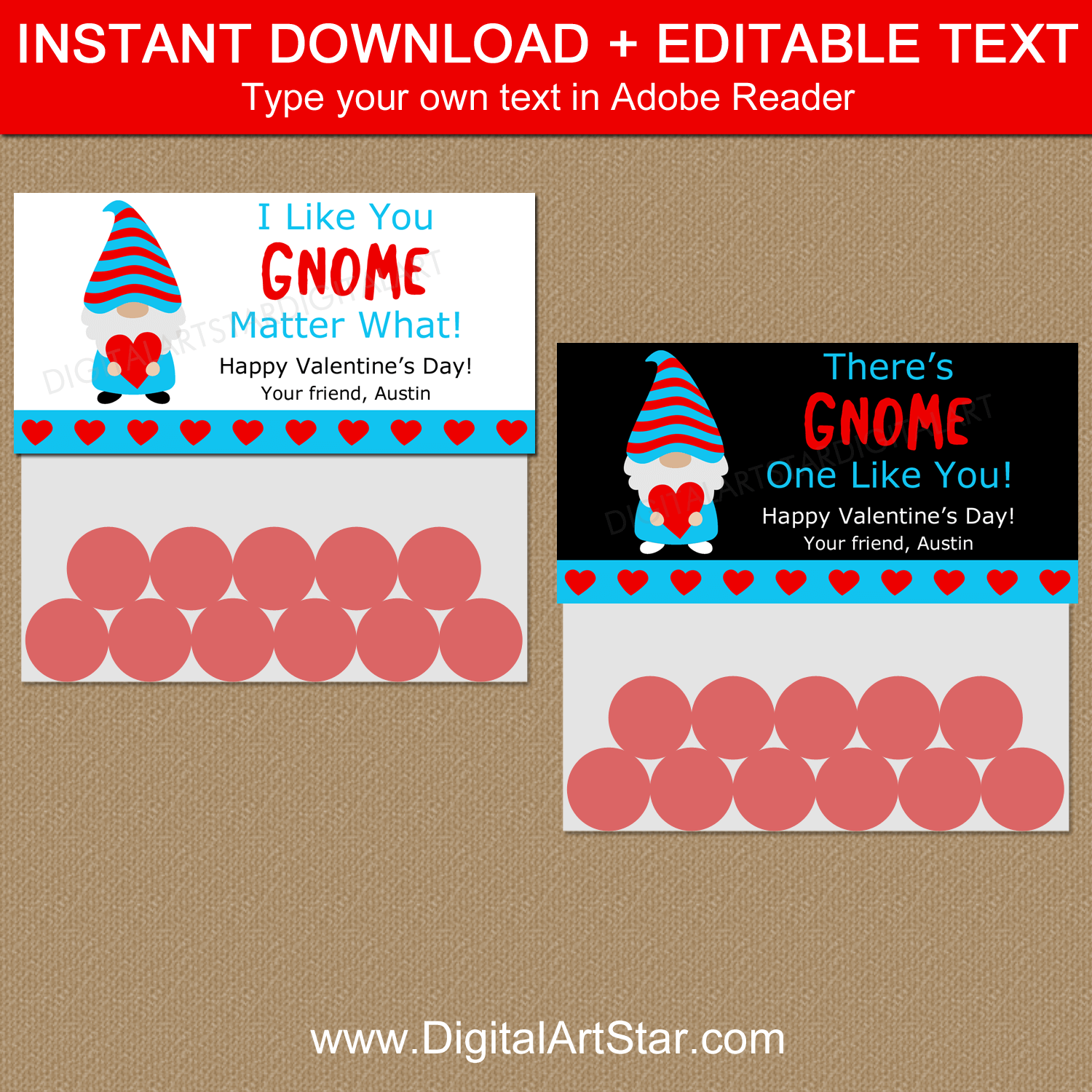 Instant Download Valentines Day Treat Bag Toppers Gnome