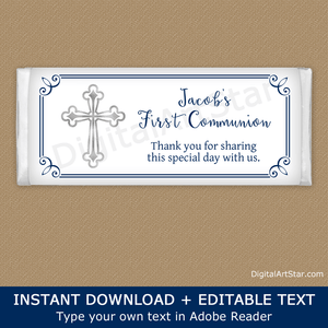 Elegant First Communion Candy Bar Wrappers White Navy Blue