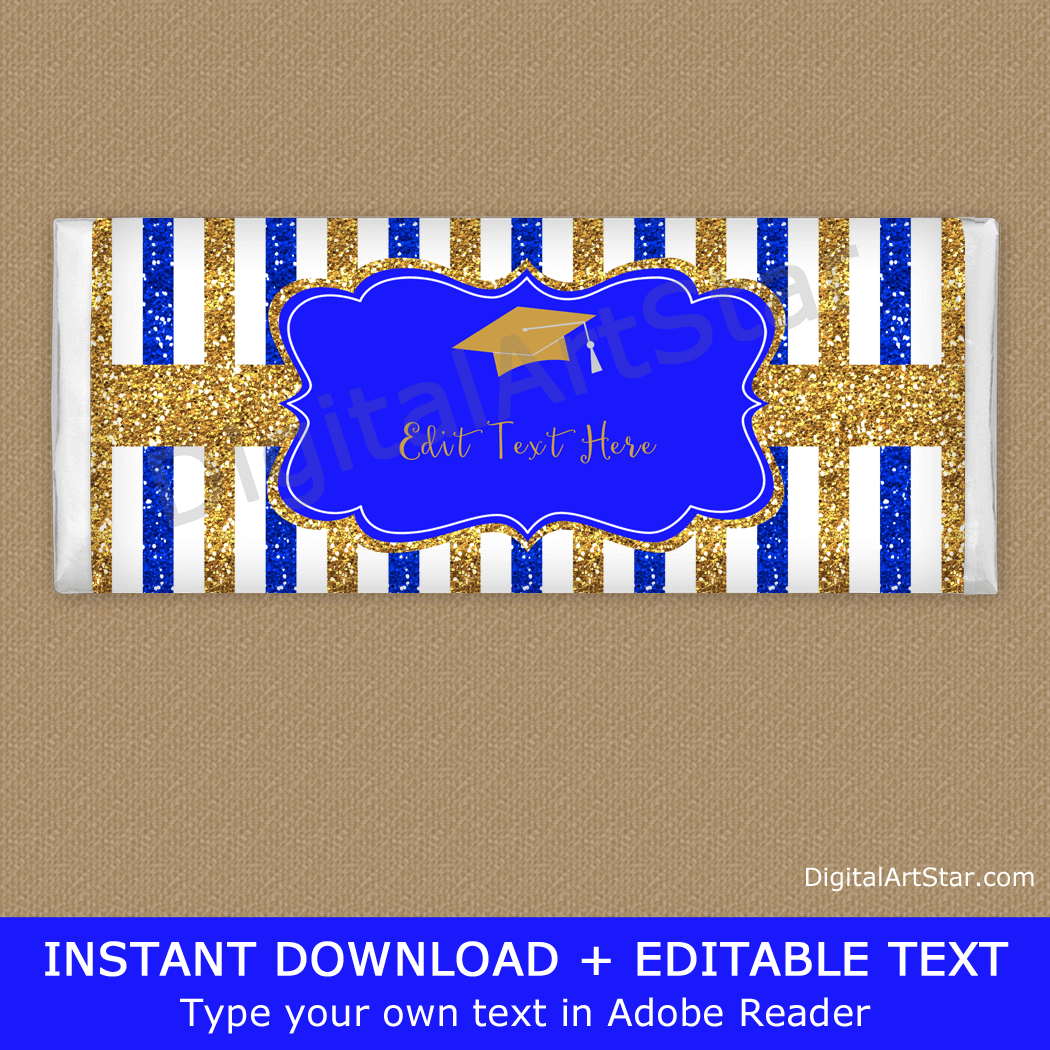 Elegant Royal Blue and Gold Graduation Candy Bar Wrappers Template