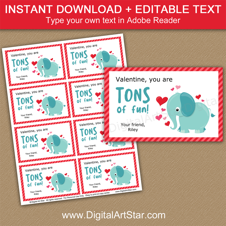 Elephant Valentine's Day Cards for School Printable