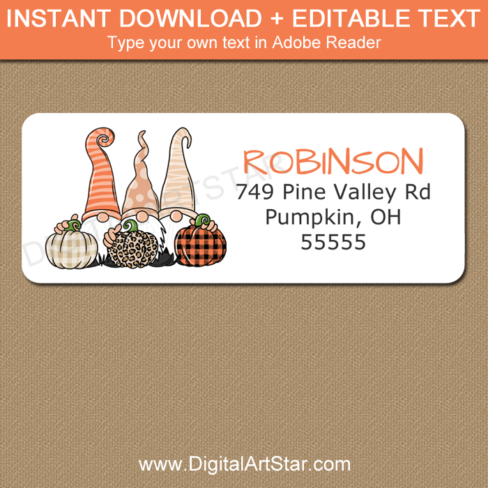 Fall Gnomes Return Address Labels Template with Pumpkins