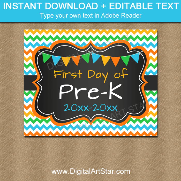 First Day of Pre K Chalkboard Printable Sign Editable
