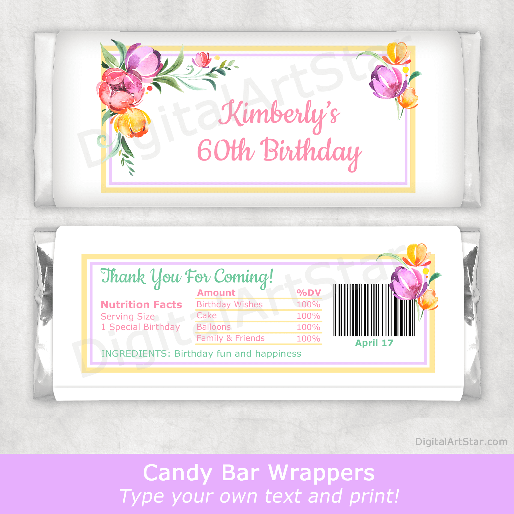 Floral Birthday Candy Bar Wrapper Template Spring Flowers Tulips