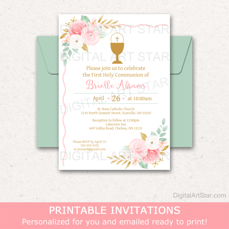 Floral First Communion Invitation Girl Pink Gold Mint Green
