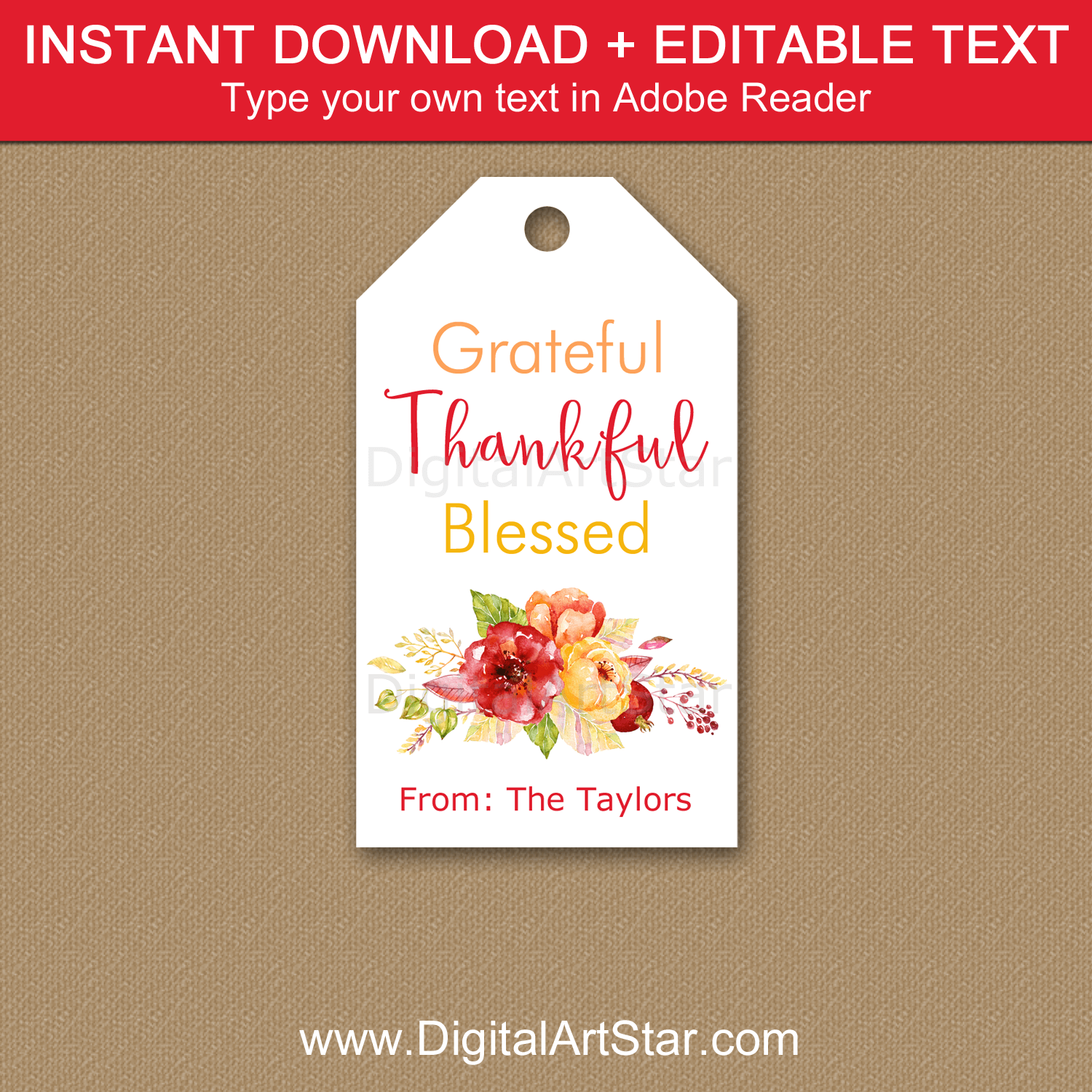 Floral Grateful Thankful Blessed Printable Tags