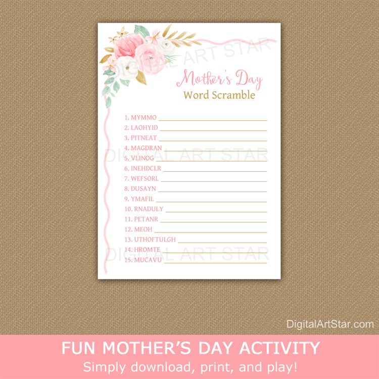 Floral Mother's Day Word Scramble Printable with Answers