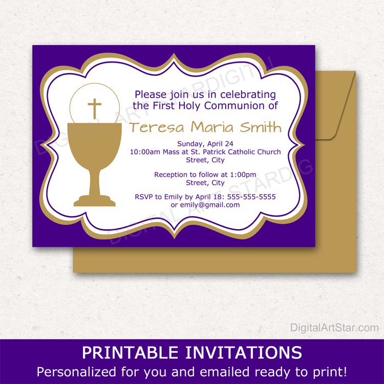 Girl First Communion Invitation Template Purple White Gold