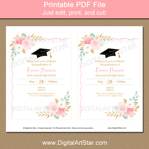 Girl Graduation Invitation Template with Flowers Pink Gold Mint Green