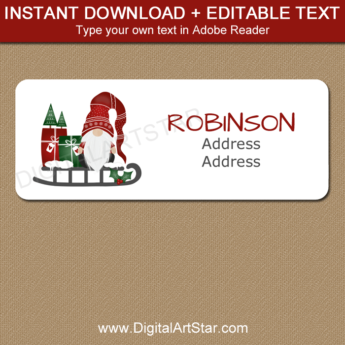 Gnome in Sleigh Christmas Address Labels 30 Per Sheet
