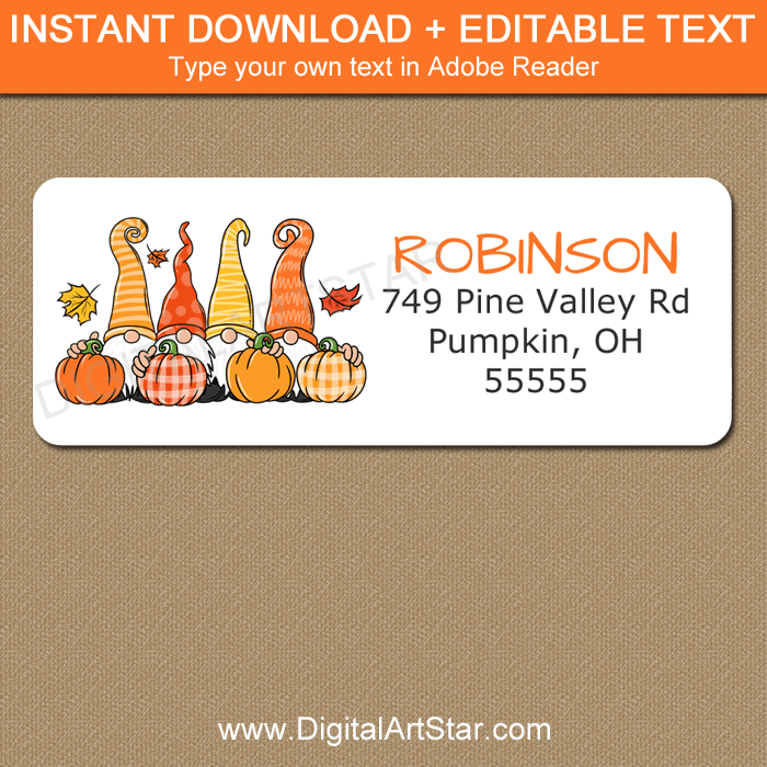 Gnome and Pumpkin Return Address Labels Template in Orange and Yellow