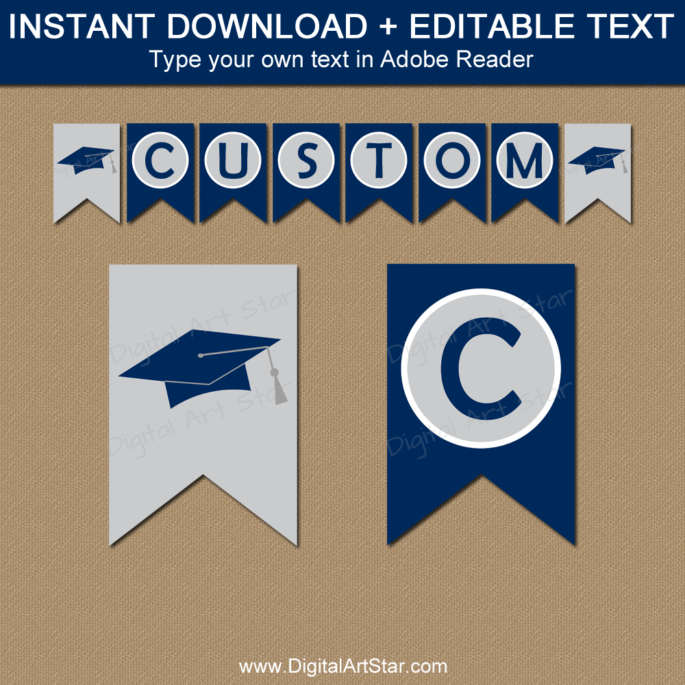 Graduation Banner Printable in Navy Blue and Grey