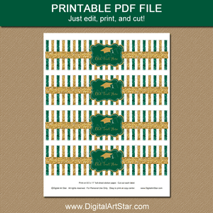 Graduation Printable Water Bottle Labels Hunter Green and Gold Glitter