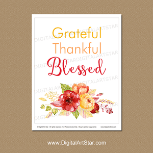 Grateful Thankful Blessed Wall Art Print with Flowers
