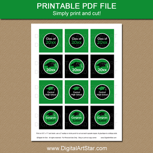 Green and Black Graduation Cupcake Toppers Template Printable PDF