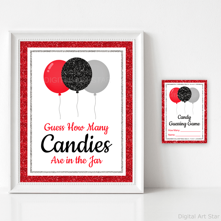 Guess How Many Candies Sign Printable Birthday Game Template Red Black Silver