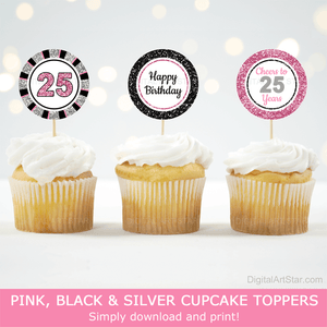 happy 25th birthday cupcake toppers for her in pink black silver glitter