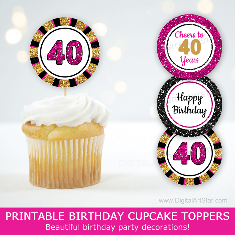 Happy 40th Birthday Cupcake Decorations for Her Fuchsia Gold and Black