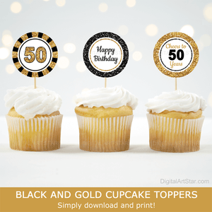 Happy 50th birthday cupcake toppers for adults black gold white