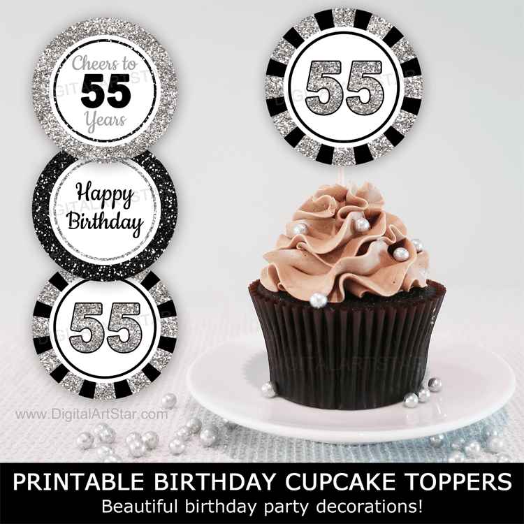 Happy Birthday Cupcake Toppers 55th Birthday Black and Silver Glitter