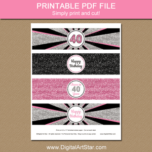 Happy Birthday Water Bottle Labels for Women Printable PDF Pink Black Silver