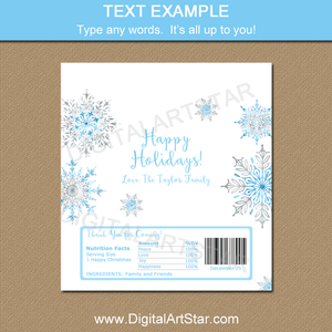 Happy Holiday Snowflake Chocolate Bar Wrappers with Snowflakes in Blue and Silver