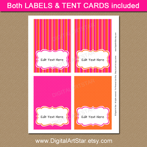 Hot Pink and Orange Candy Buffet Labels for Baby Shower, Birthdays, Bridal Shower