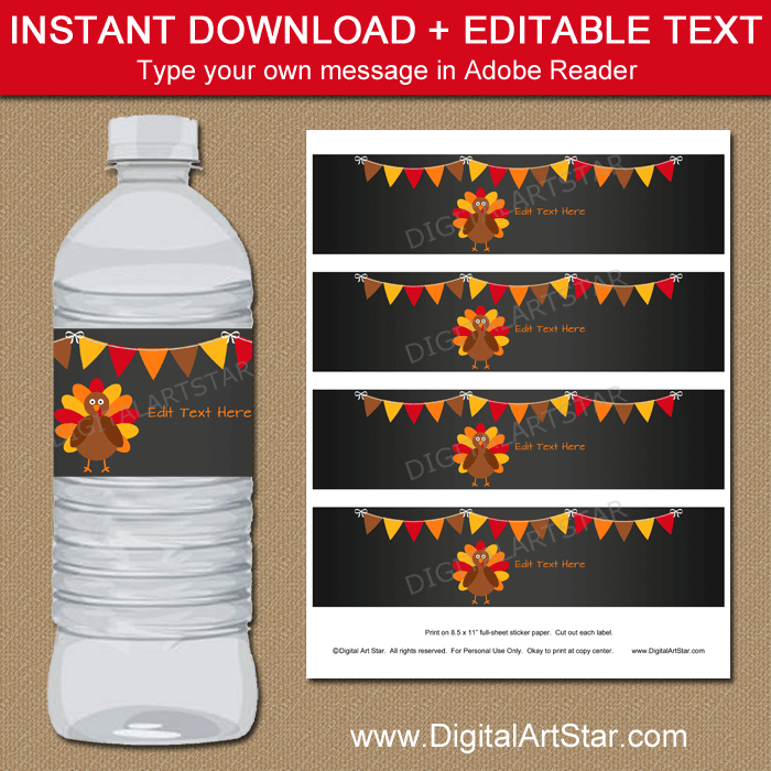 Instant Download Chalkboard Thanksgiving Water Bottle Labels Template