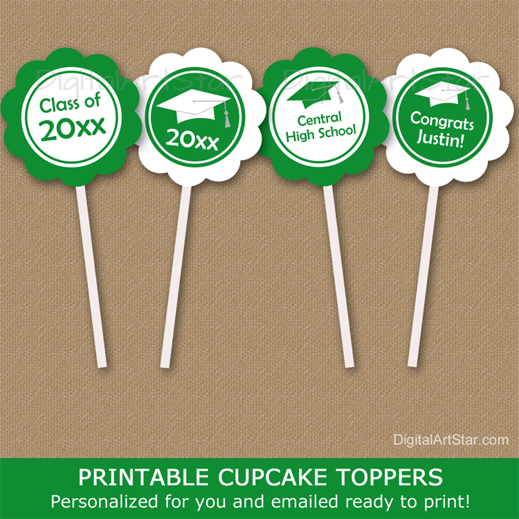 Kelly Green Graduation Cupcake Toppers Personalized Printable
