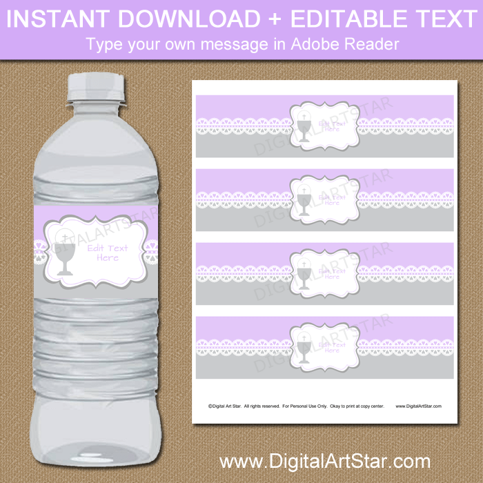 Downloadable Lavender Gray First Communion Water Bottle Labels
