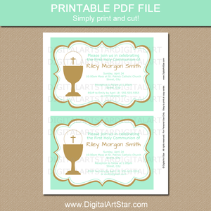 Mint Green and Gold First Communion Invitation Digital Printable PDF